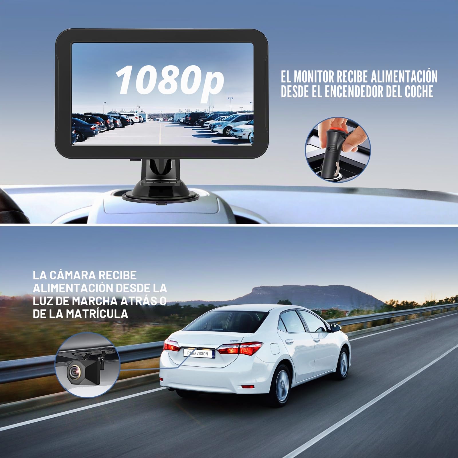 PARKVISION Kit Marcha Atrás 7" Cableado Coche 12V | LCD nítido, líneas ajustables, plug-play mechero, señal estable, sin interferencias