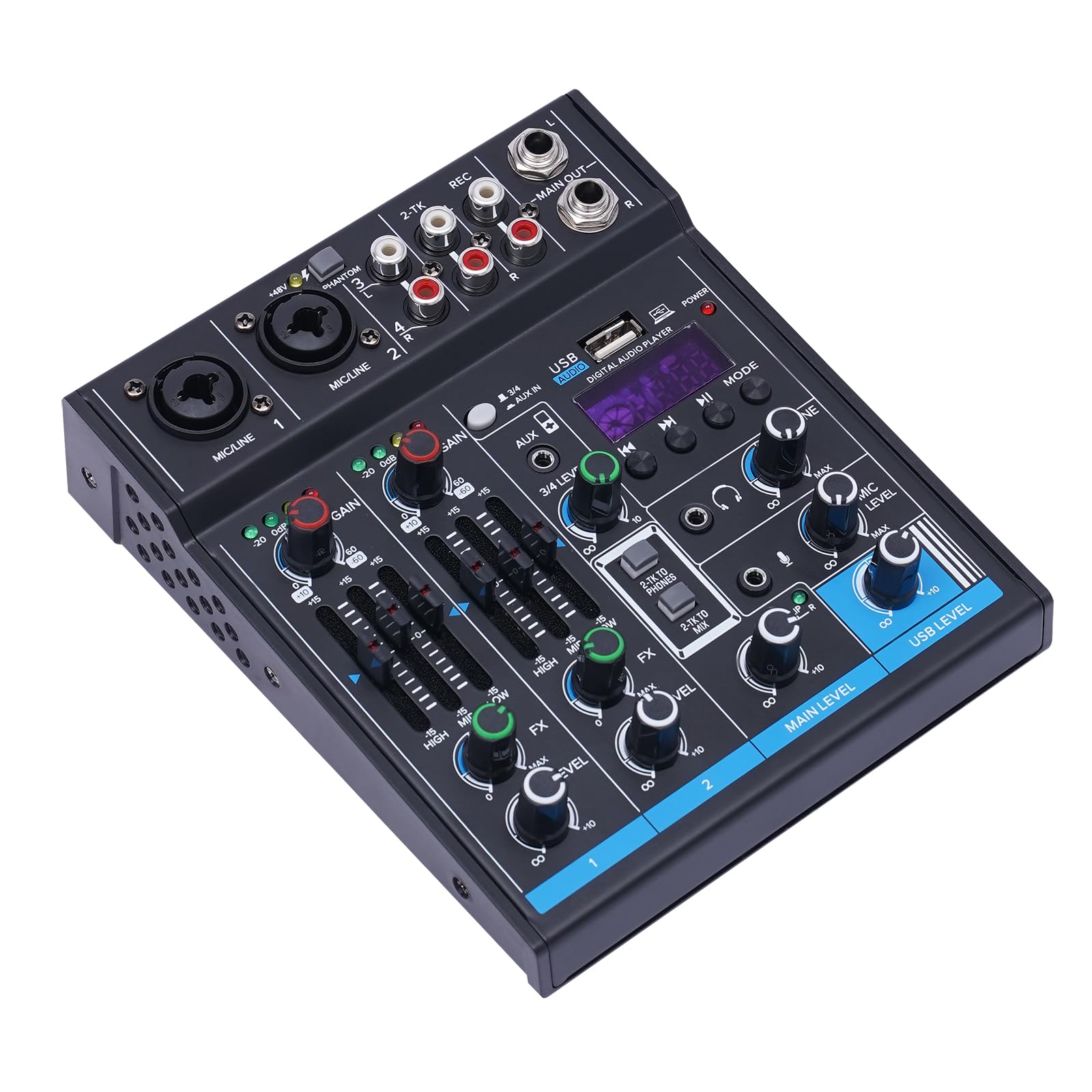 Profesjonalny mikser audio, konsola soundboard, interfejs systemowy, 4(5), cyfrowy, USB, Bluetooth, MP3, zasilanie fantomowe, stereo, DJ Studio, idealny do nagrywania w domu i podcastingu (mikser 4