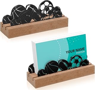 2 Pcs Sports Business Card Holders for Desk, Wood&metal Black Basketball Football Tennis Baseball Rugby Silhouette Business Card Display Stand for Office