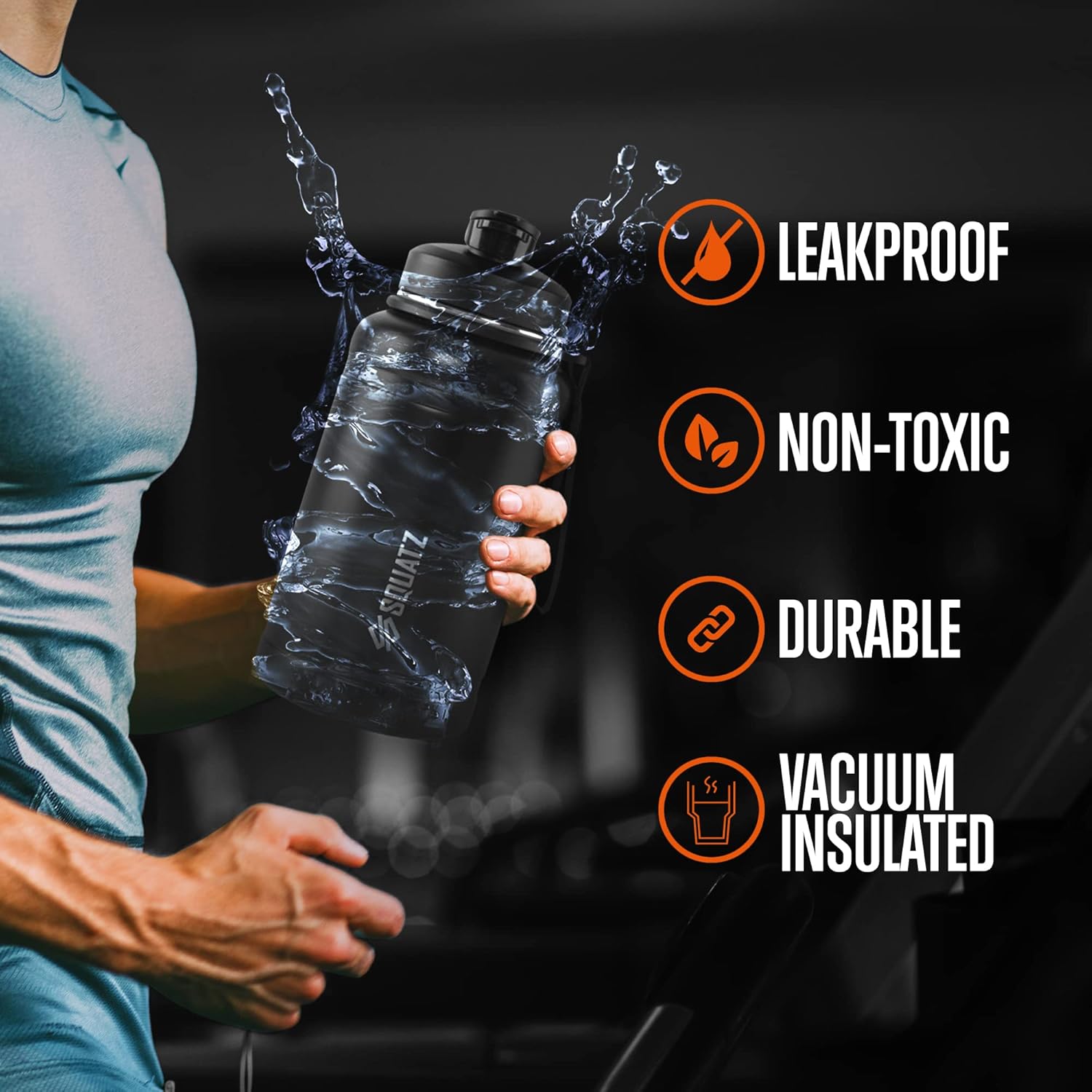 SQUATZ 74 Oz Neptune Series Steel Water Bottle, Stainless Double Wall Vacuum Insulated Jug with Handle Strap, Large Capacity Leak Proof Wide Mouth Thermos for Gym, Travel, Hiking, and Camping, Black