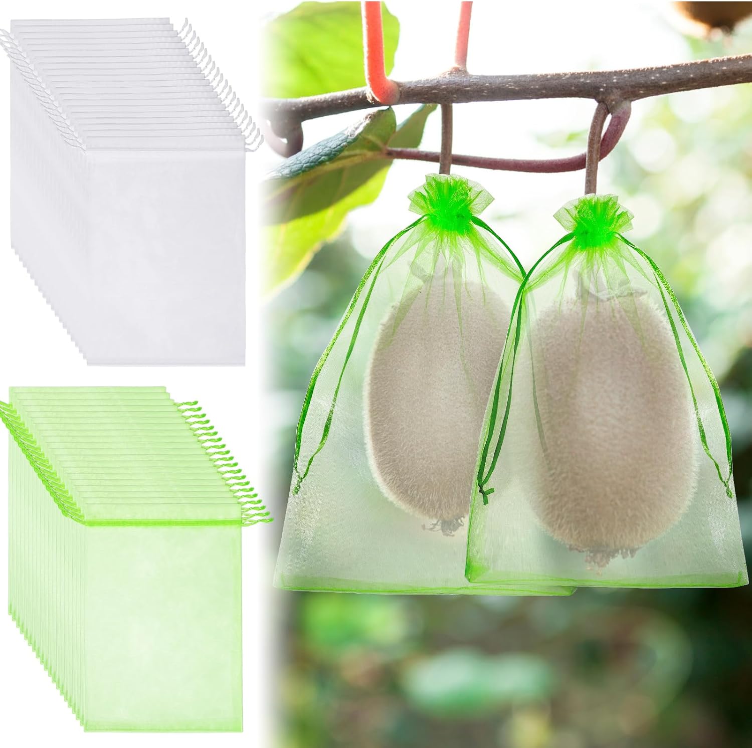 Woanger 300 Pcs Fruit Protection Bags 6 x 8'' Fruit Bags for Fruits Trees Green Netting Fruits Cover Bag with Drawstring Mesh Fruitage Protector Pest Barrier for Grapes Tree Veggies Garden Vegetable