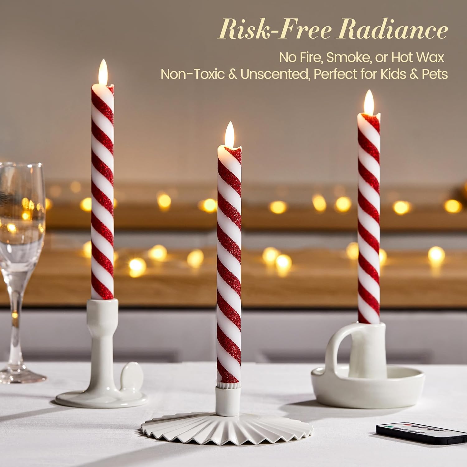 6 Pcs Christmas Flameless Taper Candles with Remote and Timer, 10 Inch Glitter Candy Cane Candles Battery Operated Christmas Candlesticks with LED Flickering Flame for Xmas Candy Cane Decor