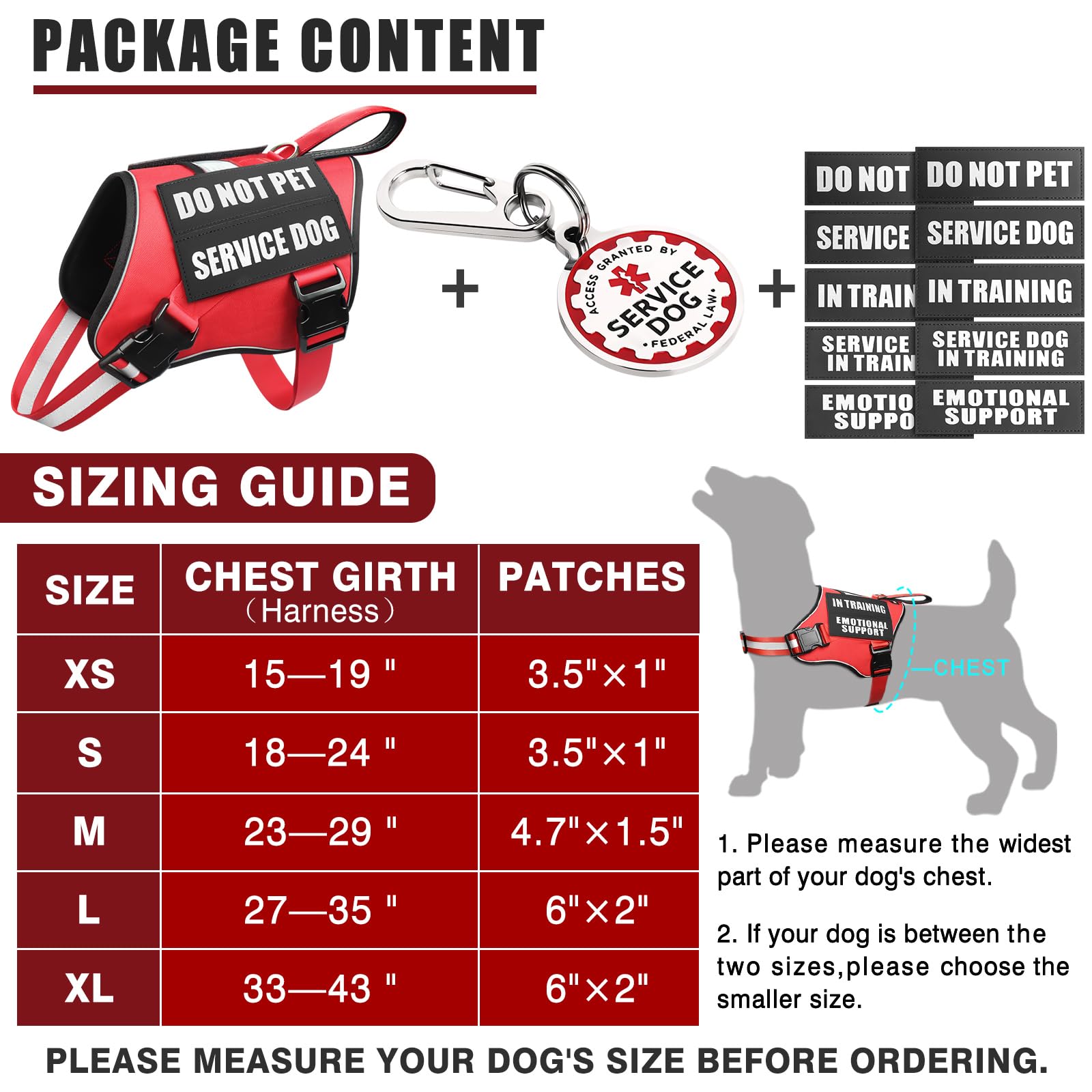 Arnés de chaleco de servicio para perro + etiqueta de identificación + 10 parches, placa de metal duradero y chaleco reflectante de apoyo emocional con asa para perros medianos, fácil de poner