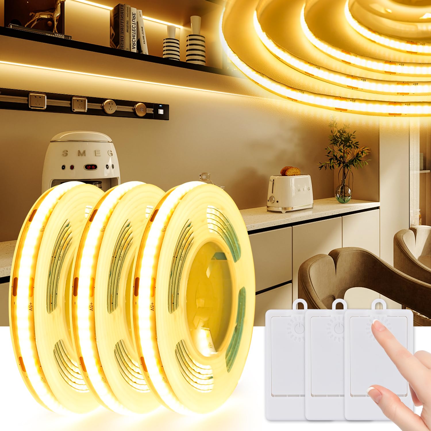 OMIKA 3 Pack COB LED Strip Lights, 3.3ft 320 LEDs Battery LED Strip Lights, Flexible Cuttable Click Light for Cabinet, Bedroom, Desk, Kitchen, Bedroom, 2700K Warm White