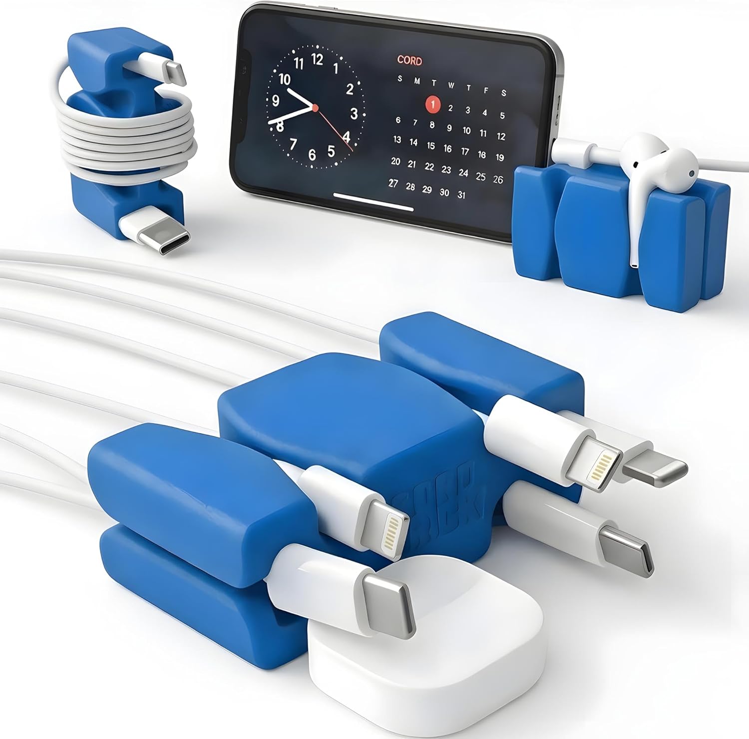 CordBrick 4PK Silicone + Steel Weighted Cord Holders for Nightstands, Travel Cable Organizers, iPhone Accessories for Offices. Easter Basket Stuffers for Employees, Staff, Coworkers. Blue