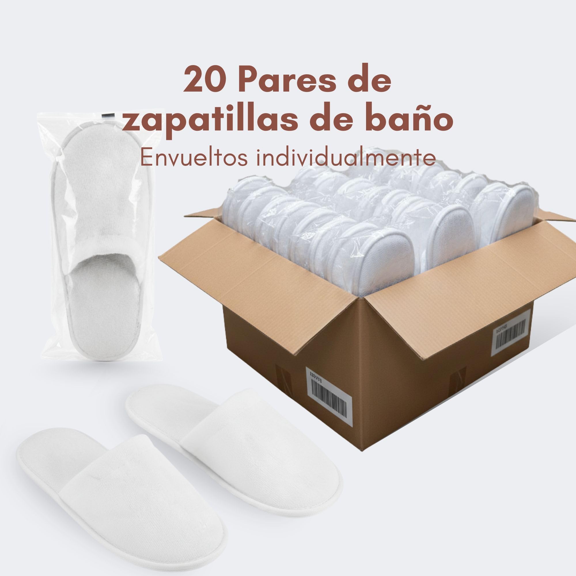 Pack 20 pares zapatillas de baño blancas con suela antideslizante – mezcla algodón y poliéster - par embolsado individual - zapatillas desechables para hoteles, spas, gimnasios y alojamientos