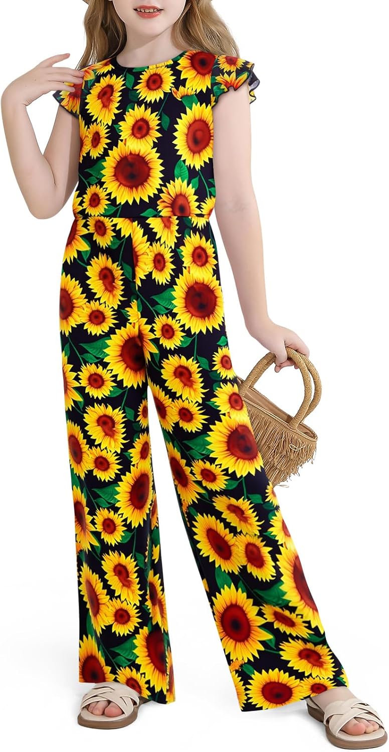 Haloumoning Girls Floral Jumpsuit Kids Fashion Ruffle Cap Sleeve Wide Leg Romper One Piece Outfits with Pockets