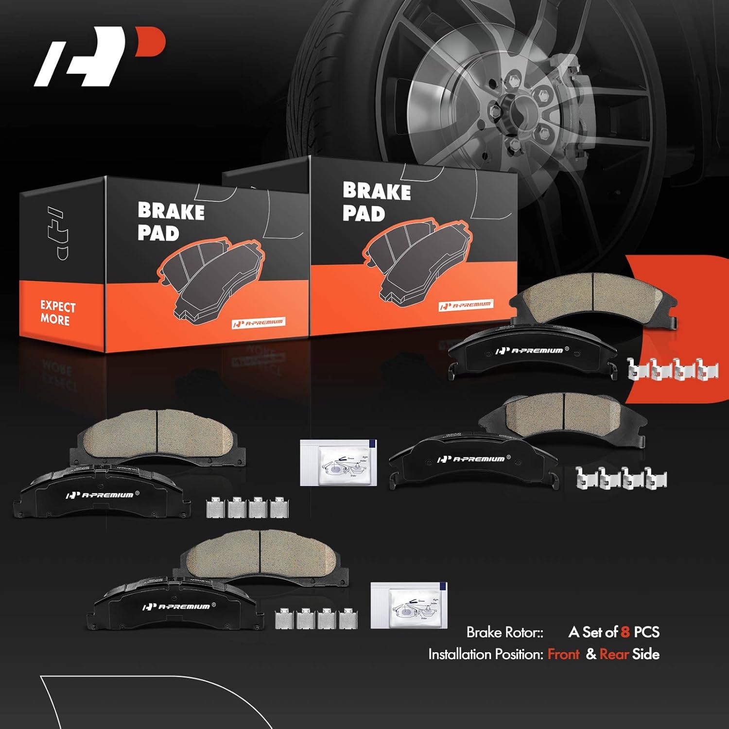 A-Premium Front and Rear Ceramic Brake Pads Set Compatible with Ford Models - E-150/E-250 2008-2014, E-350 Super Duty 2008-2019/2021, E-450 Super Duty 2009-2010, with Hardware, 8-Pack
