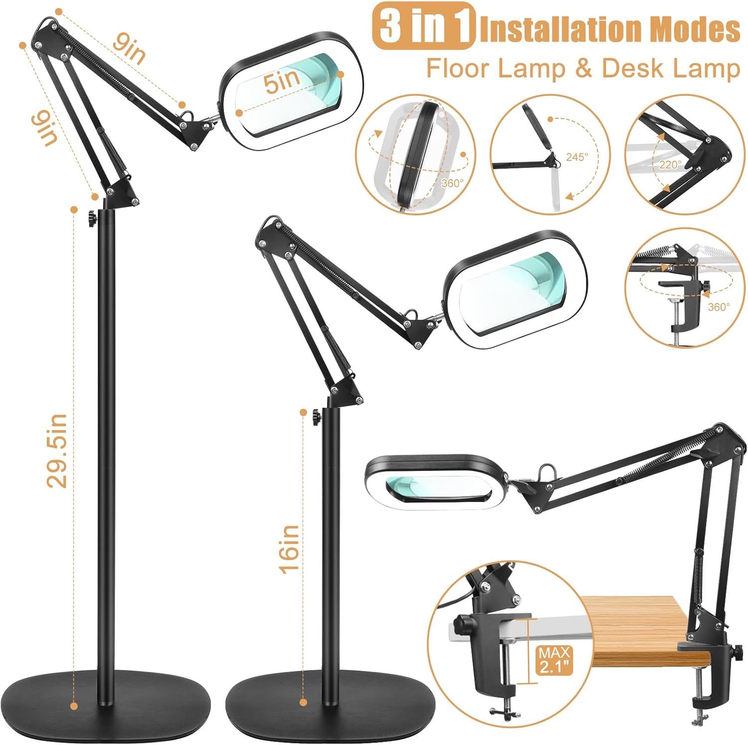 10X Magnifying Glass with Light and Stand, 3-in-1 Magnifying Floor Lamp with Clamp, 5 Color Modes LED Dimmable Standing Magnifier with Light Hands Free for Close Work, Sewing, Painting, Reading