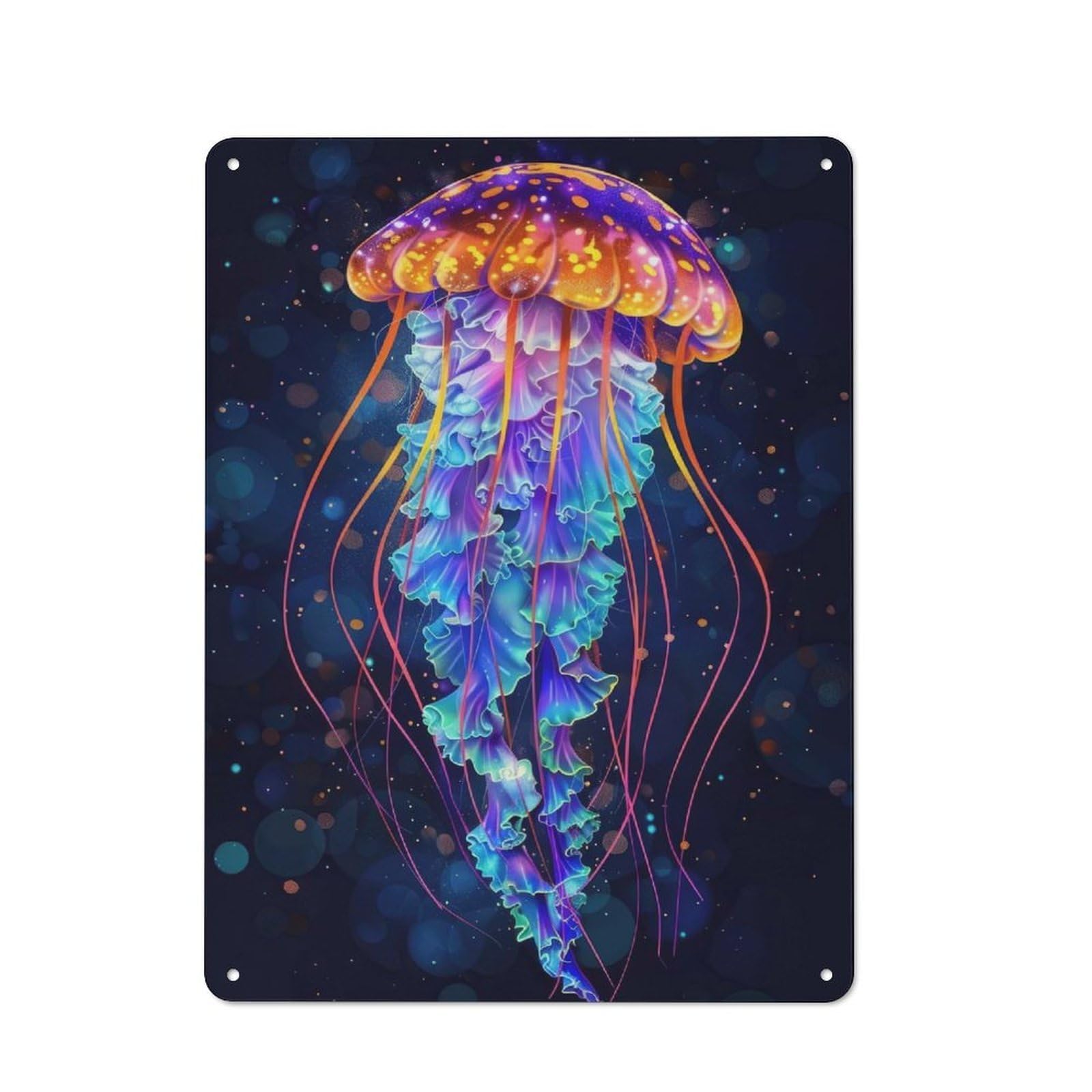 Junmoney Style-22 Rustic Tin Sign 40X30cm Featuring Neon Jellyfish For Café Or Home Bar, Gift Idea At Christmas For Hospitality Decor Collectors