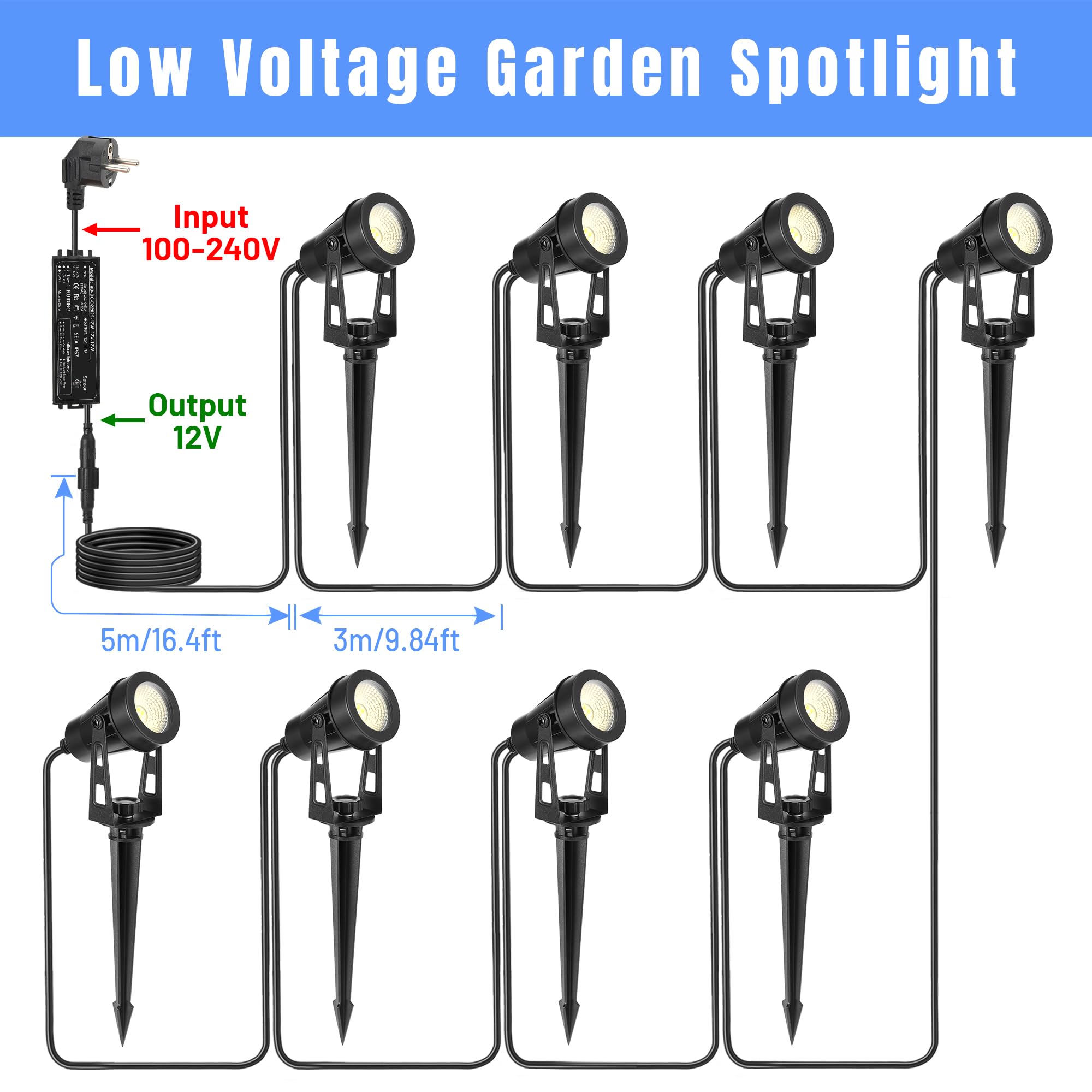 Gartenbeleuchtung Mit Strom, 8er Pack/14M Gartenstrahler Led Außen Wasserdicht mit Zeitschaltuhr und Lichtsensor Funktion, 3000K Weiß 12V IP65 Strahler Außen für Gartenweg, Terrasse, Bäume