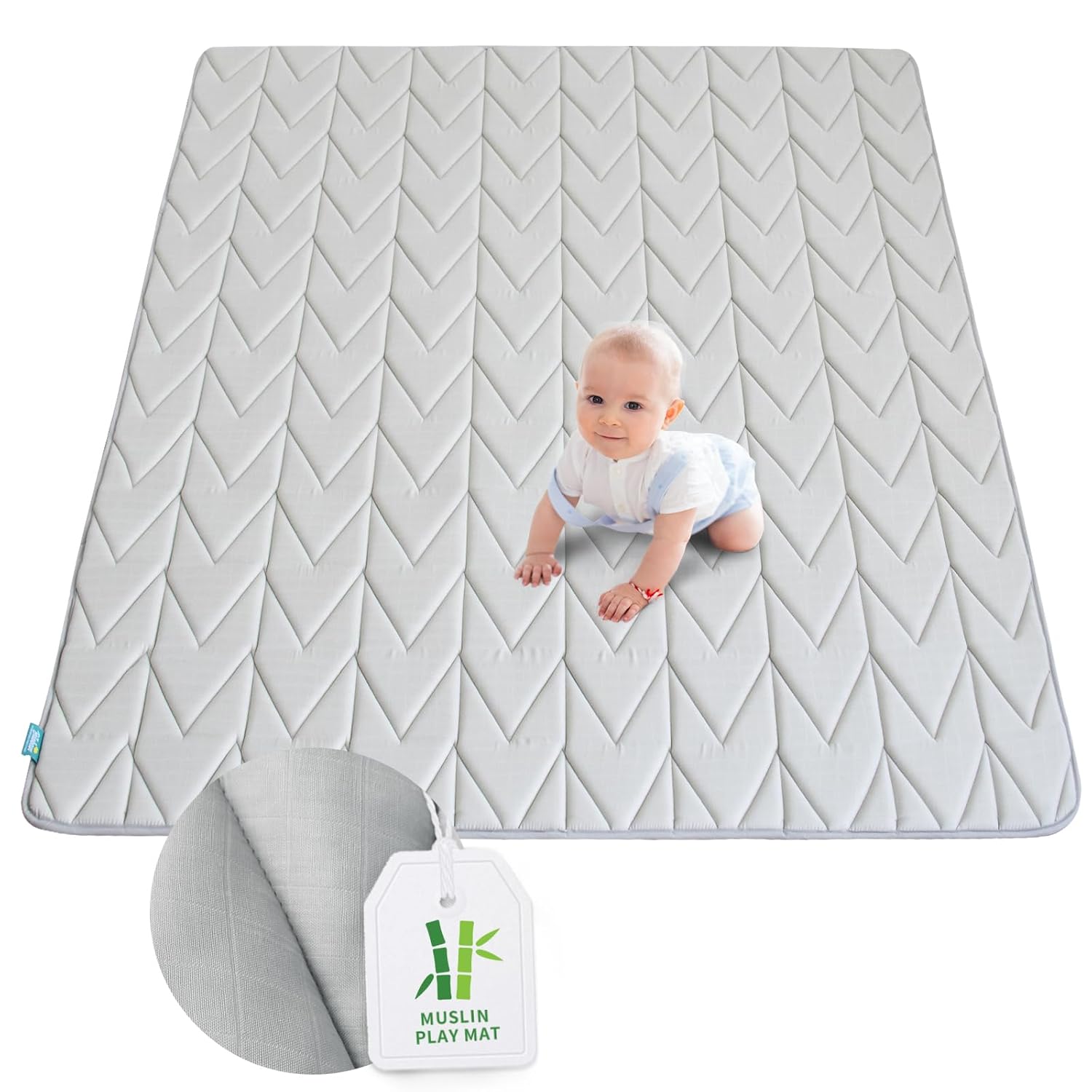 Biloban Foam Muslin Play Mat 71×59, Fits for Dripex & Suposeu Playpen, One-piece Crawling Mat for Baby & Toddler to Play on Floor, Non Slip, Grey