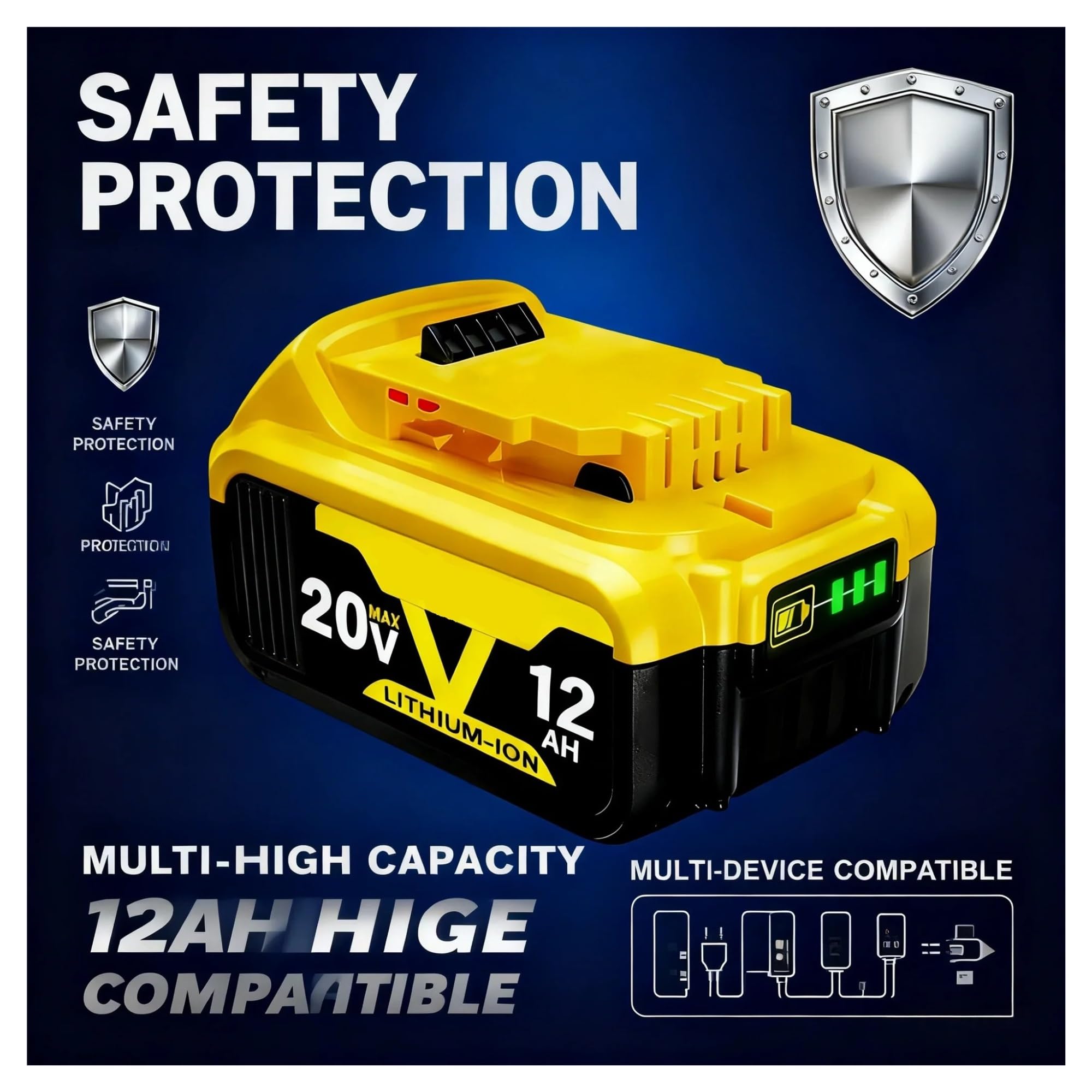 Batteria sostitutiva agli ioni di litio da 12000 mAh 20 V compatibile for utensili elettrici Dewalt DCB200 DCB206 DCB204(1PCS 8.0Ah battery)