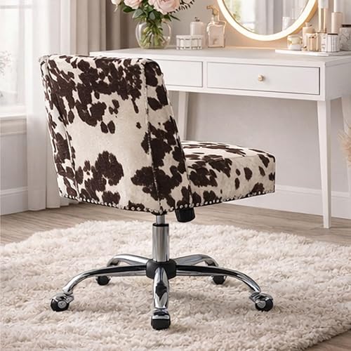 Miniatura 9 de Silla de oficina en casa con estampado de vaca, silla giratoria de tela ajustable, silla de escritorio tapizada sin brazos para sala de estar,