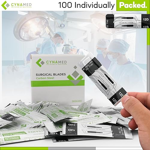 Vista 52 de Cynamed Caja de 100 cuchillas estériles de bisturí de acero al carbono envueltas individualmente en papel de aluminio