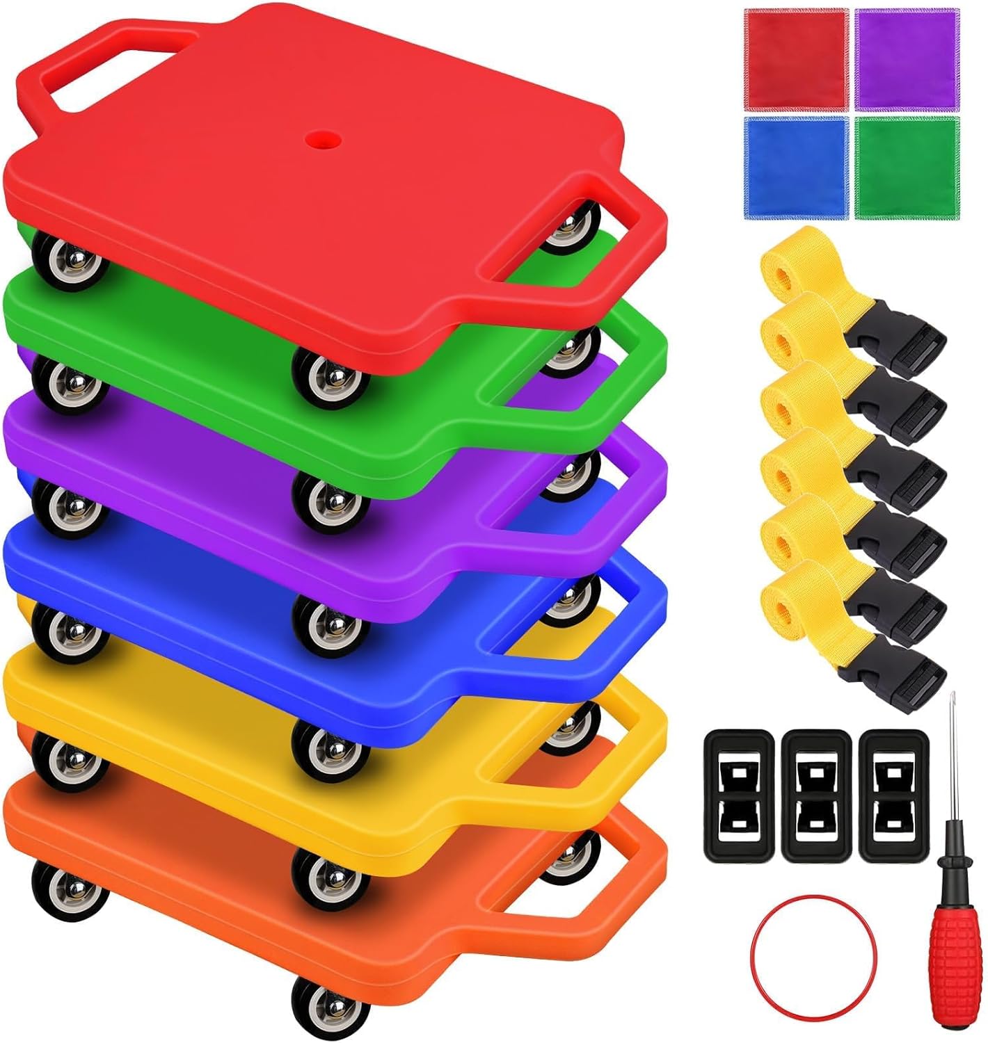 6 Pcs Sports Scooter Board with Handles,Sitting Scooter Board for Kids Children Gym Indoor Outdoor Activities，Equipped with Various Skateboard Accessories