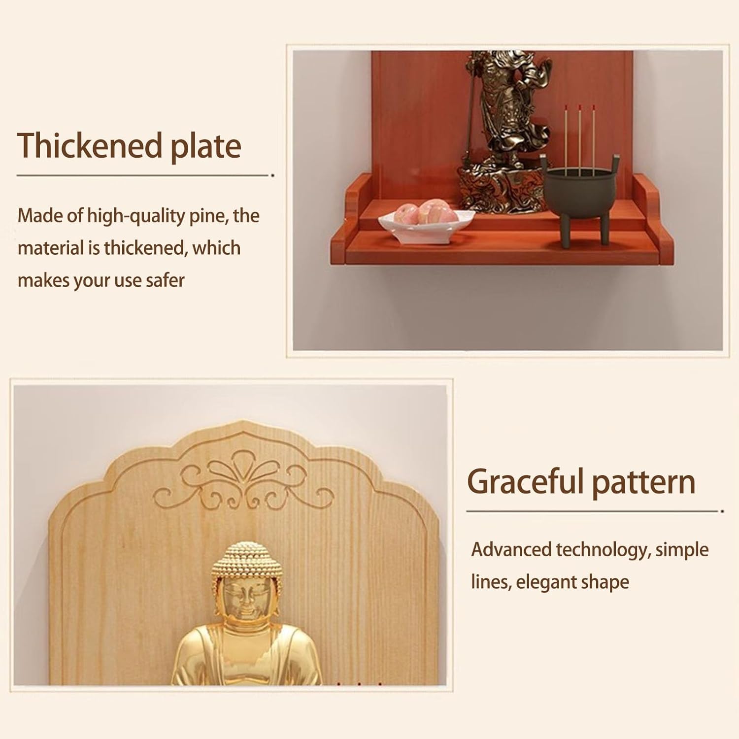 Wall Mounted Shrine Altar Table, Wood Offering Table,Chinese Buddha Niche Cabinet of Wealth Pagoda Shelf, Buddhist Altar Cabinet for Home Décor(Yellow,42cm/16.5in)