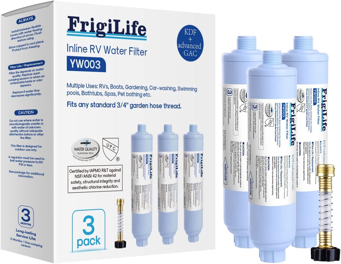 RV Inline Water Filter with Anti-Kink Hose Protector, NSF/ANSI 42 Certified, GAC & KDF Filtration, Reduces Chlorine & Odors, Fresh Clean Water for RVs, Camping, Car Washing, Gardening and Pools, 3PACK