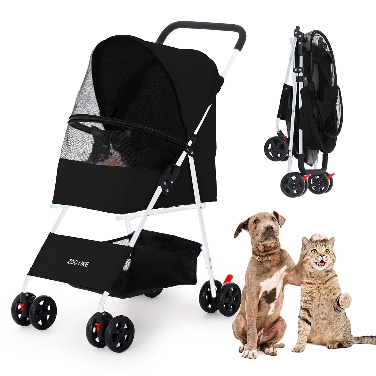 Zoolike Pet Stroller for Cats and Dogs, 4-Wheeled Foldable Travel Carrier with Storage Basket, Black