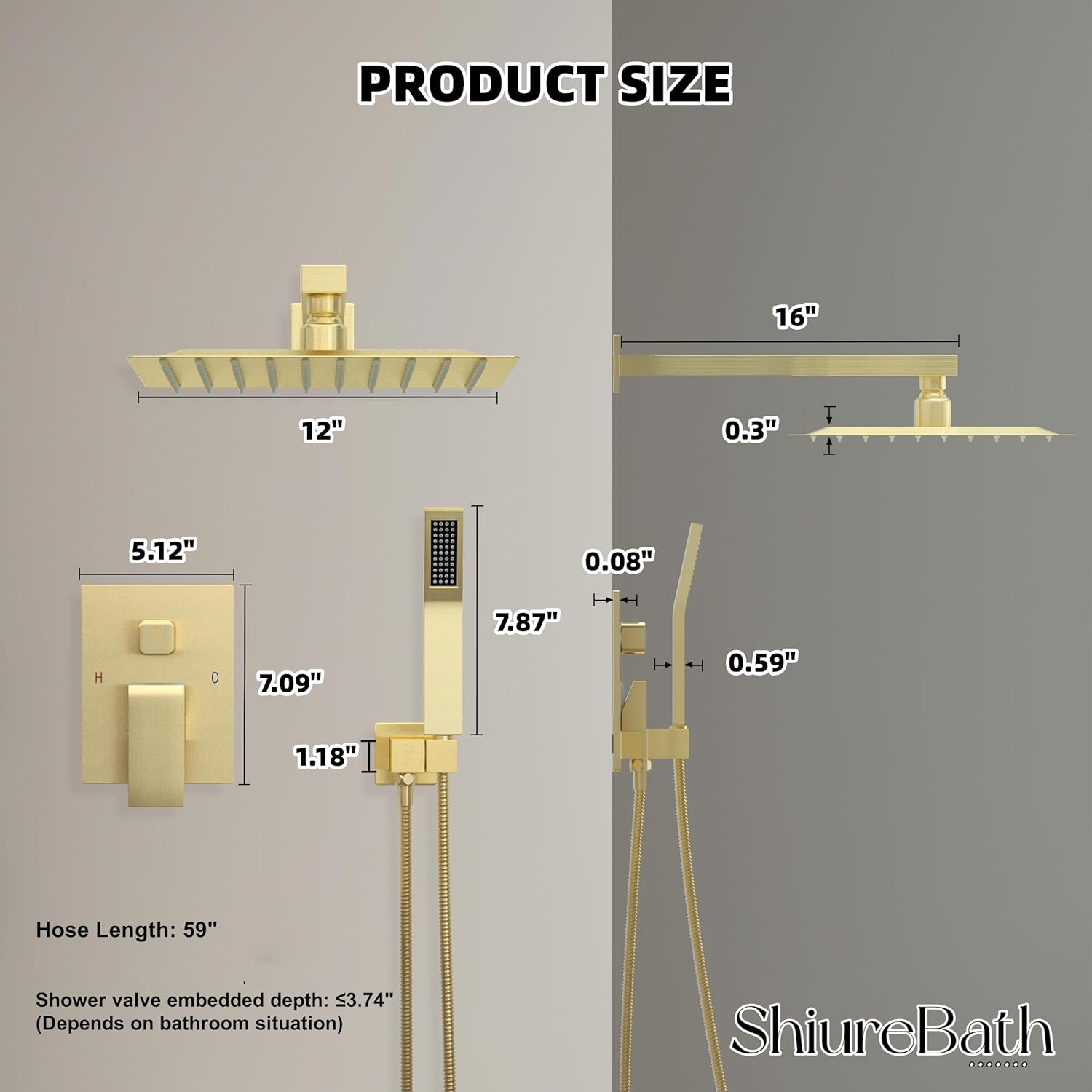 12 Inch Shower Faucet Set, Shower System with Rain Shower Head and Handheld Shower Head, Spray Wall Mounted Rainfall Shower Fixtures, Brushed Gold