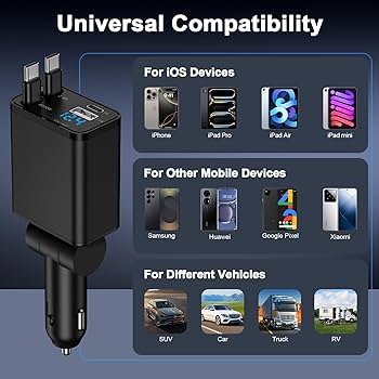 Chargeur Voiture 4-en-1 USB-C 69W Rétractable - 2 Ports USB-C + 2 Ports USB-A - Rotation 180°, Support Anti-dérapant - Compatible IPhone, Android, Tablettes - 12V/24V
