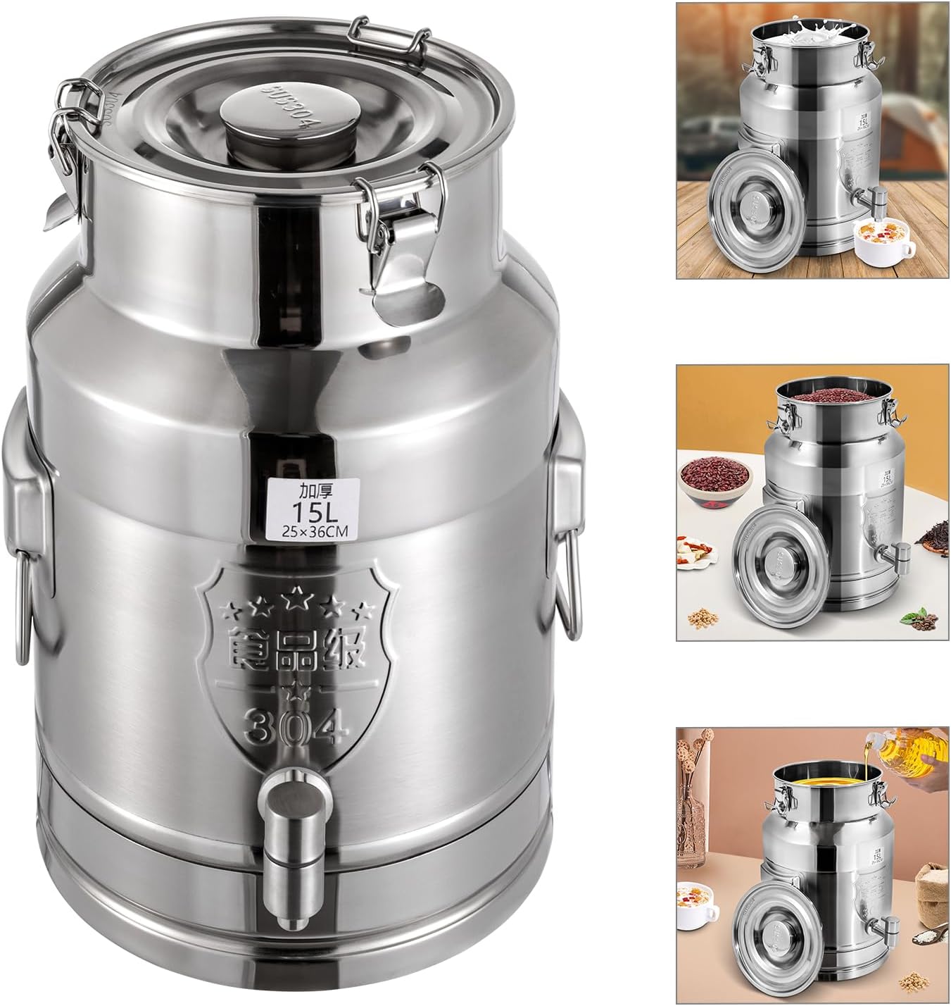 304 Stainless Steel Milk Jug with Sealing Lid & Spigot,Heavy Duty Transport Can Wine Pail Bucket with Three-Point Tight Locking Latch,15L / 4Gal Sealed Bucket for Milk, Oil, Rice