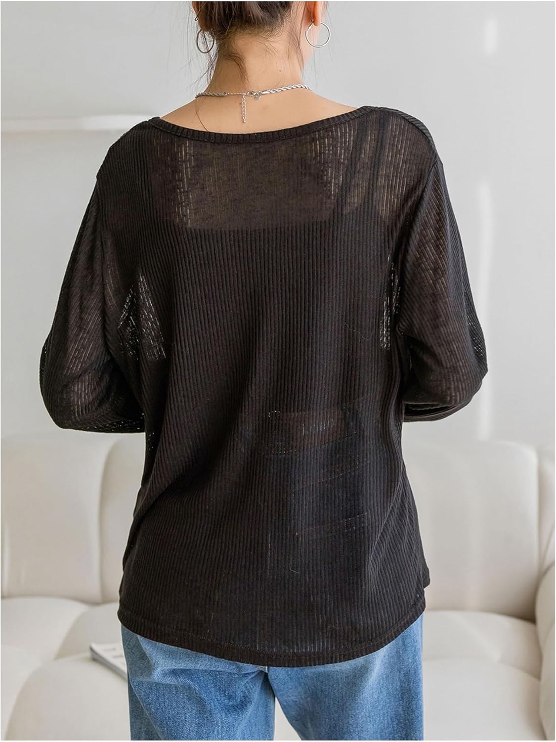 Milumia Women's Button Front Sheer Knit Top V Neck Long Sleeve Loose Tee Swimsuit Coverup - Image 3