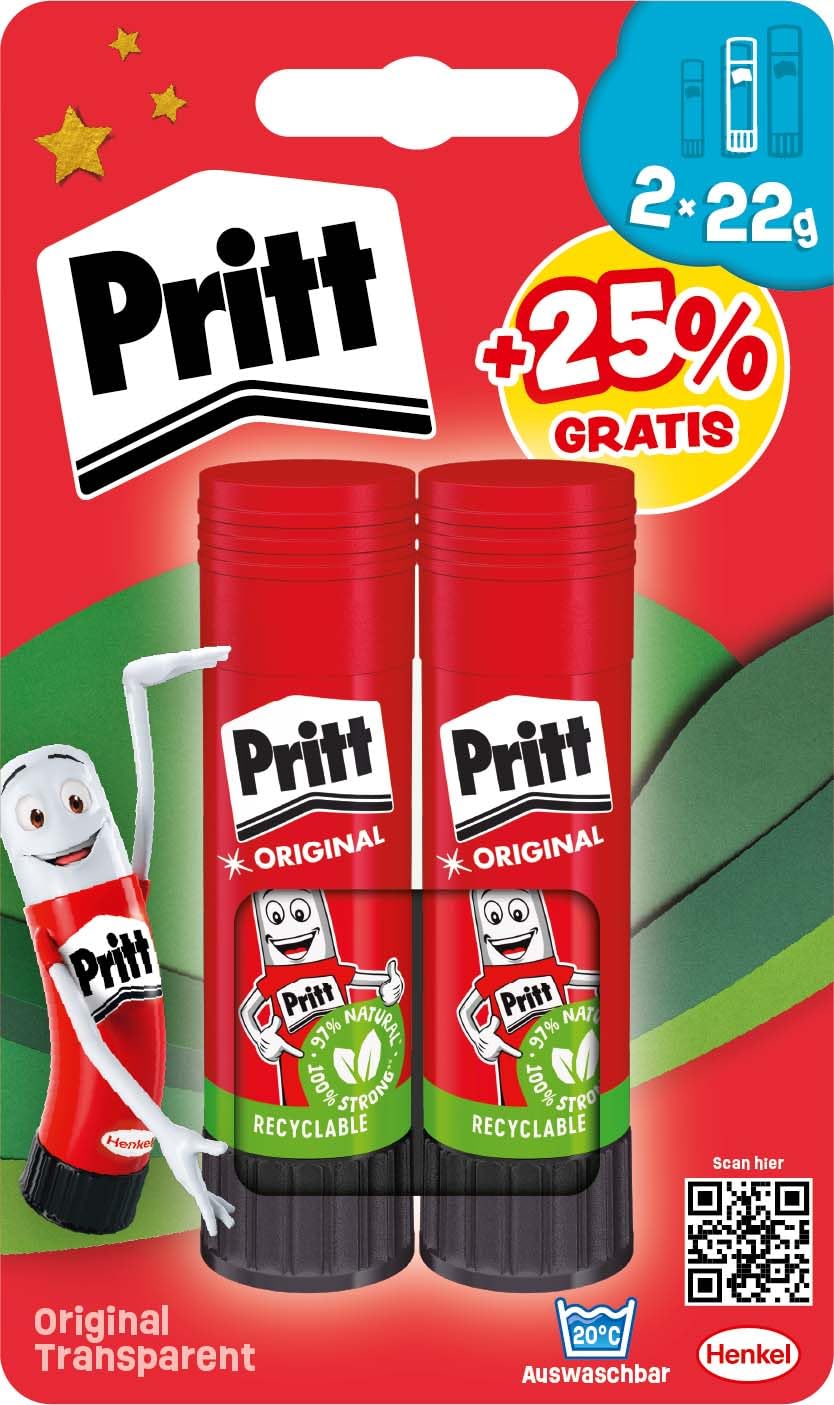 Pritt Everything Stands Head 2 Glue Stick Set of 2 x 22g Glue Sticks and Tattoos, Safe and Child Friendly Glue for Arts and Crafts, Strong Adhesive for School, 9H PBS6B