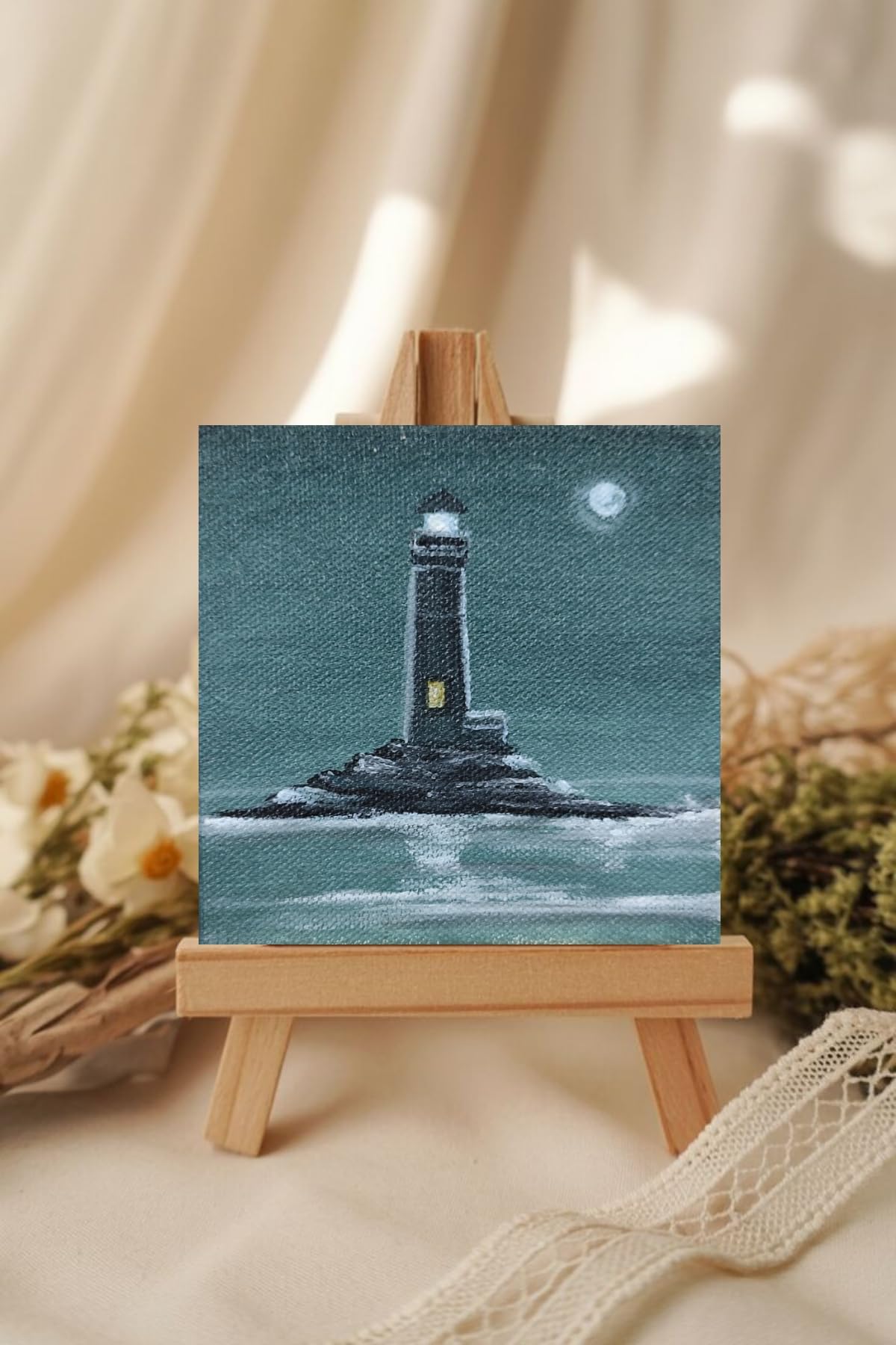 Mini Acrylic Lighthouse Painting with Wooden Easel Stand, 4x4 inch | Night Scene Art, Canvas Painting, Tabletop Display, Teal Ocean Theme, Hand Painted-image-13