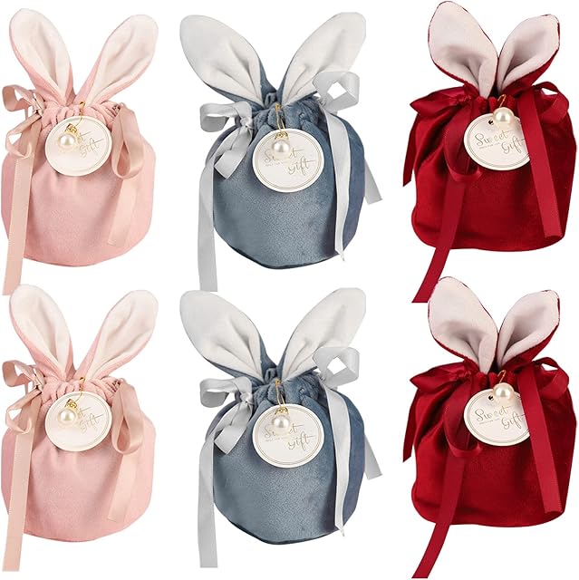 ONNPNN 6 Pieces Easter Bunny Gift Bags Bunny Ear Bags Velvet Drawstring Pouches Jewellery Bags Gift Pouches Pearl Wedding Birthday Party Favors, Pink, Blue, Wine Red, 8.5x10cm/3.35x3.94inch
