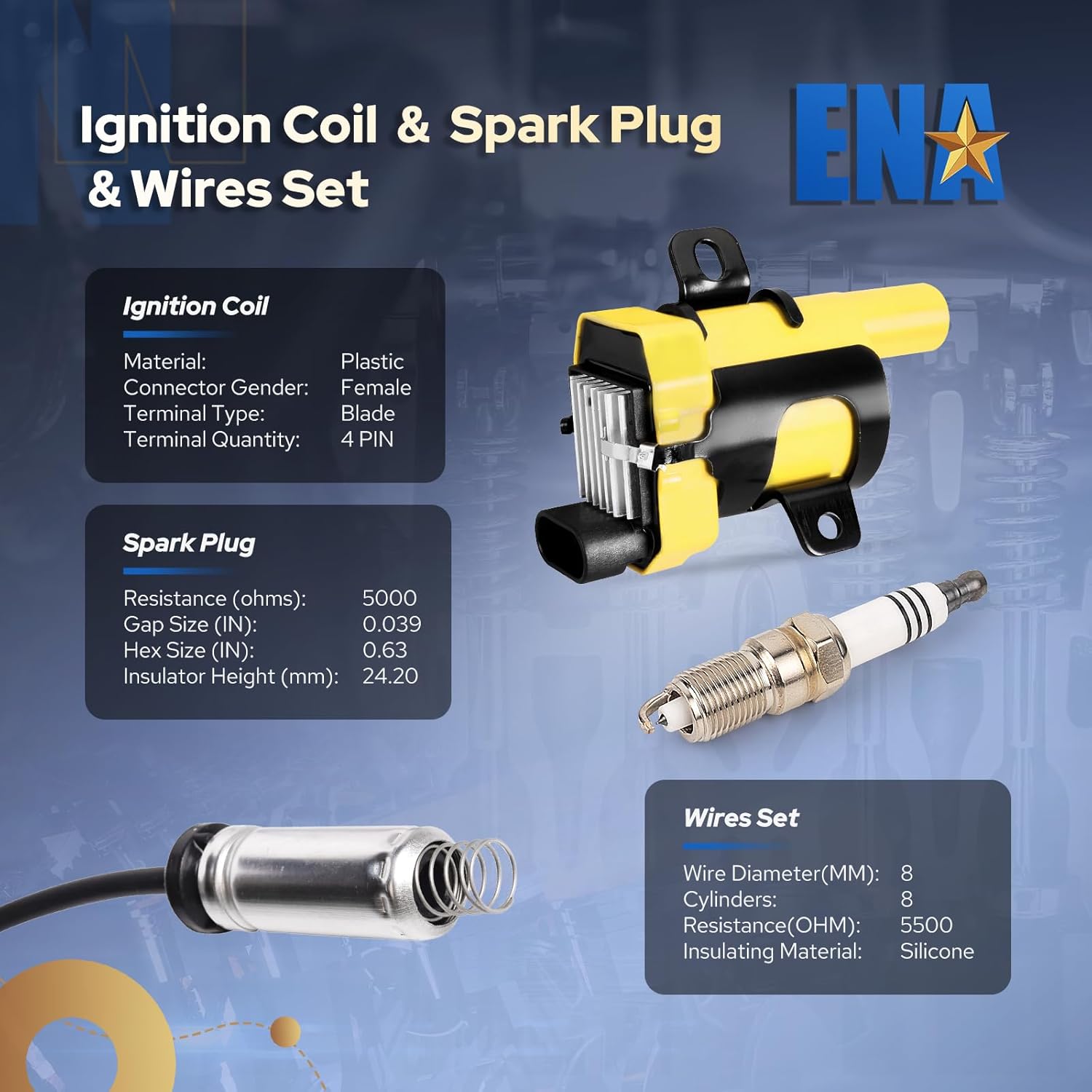 ENA Set of 8 Round Yellow Ignition Coil Pack and Platinum Spark Plug and Wire set Compatible with Cadillac Chevrolet Rainier Escalade Express SSR Suburban Tahoe 4.8L 5.3L 6.0L for UF262 41-962 9748RR