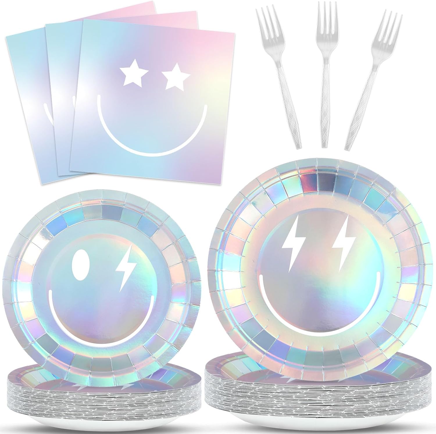 96Pcs Iridescent Party Supplies Smile Face Paper Plates Napkins Holographic Foil Laser Party Tableware Set Holographic Dinnerware for Birthday Baby Shower Decoration Serve 24