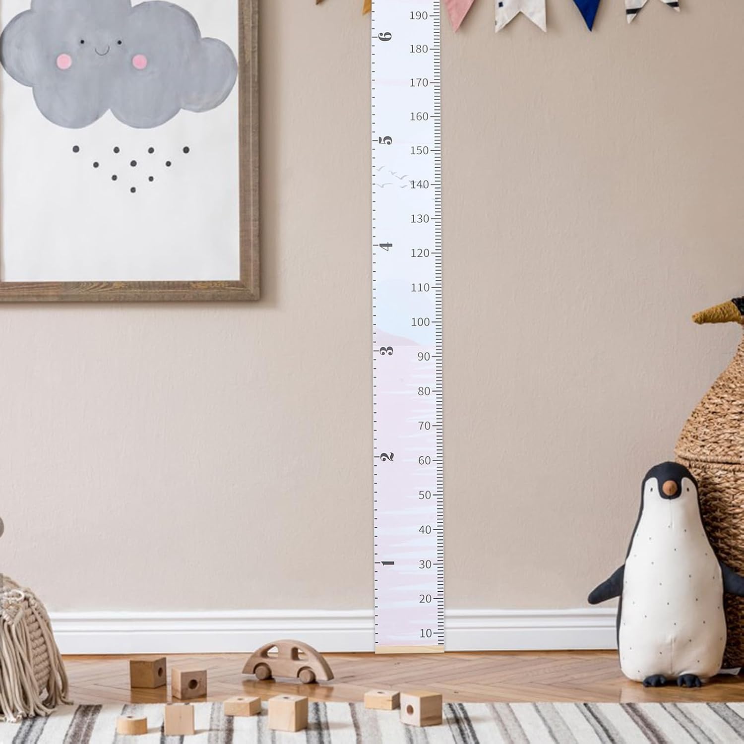 SHINEOFI Decorative Growth Chart Ruler for Wall Hanging in White, Portable Wooden and Fabric Height Chart for Measuring Height in Bedrooms and Rooms with Simple Cartoon Style Design