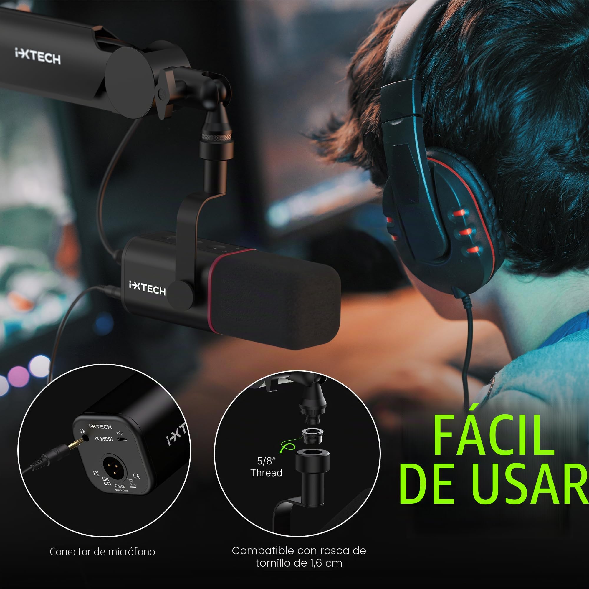 IXTECH Micrófono dinámico cardioide con Cubierta de micrófono, micrófono Vocal USB XLR para podcasting, transmisión, grabación, Juegos y Voz en Off (Negro)
