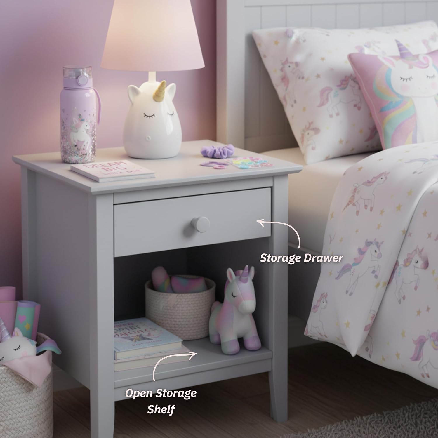 Alaterre Furniture Simplicity Small Night Stand with Drawer and Large Open Shelf - 23.5” Solid Wood End Table or Bedside Table with Storage for Kids Room, or Guest Room (Dove Gray)