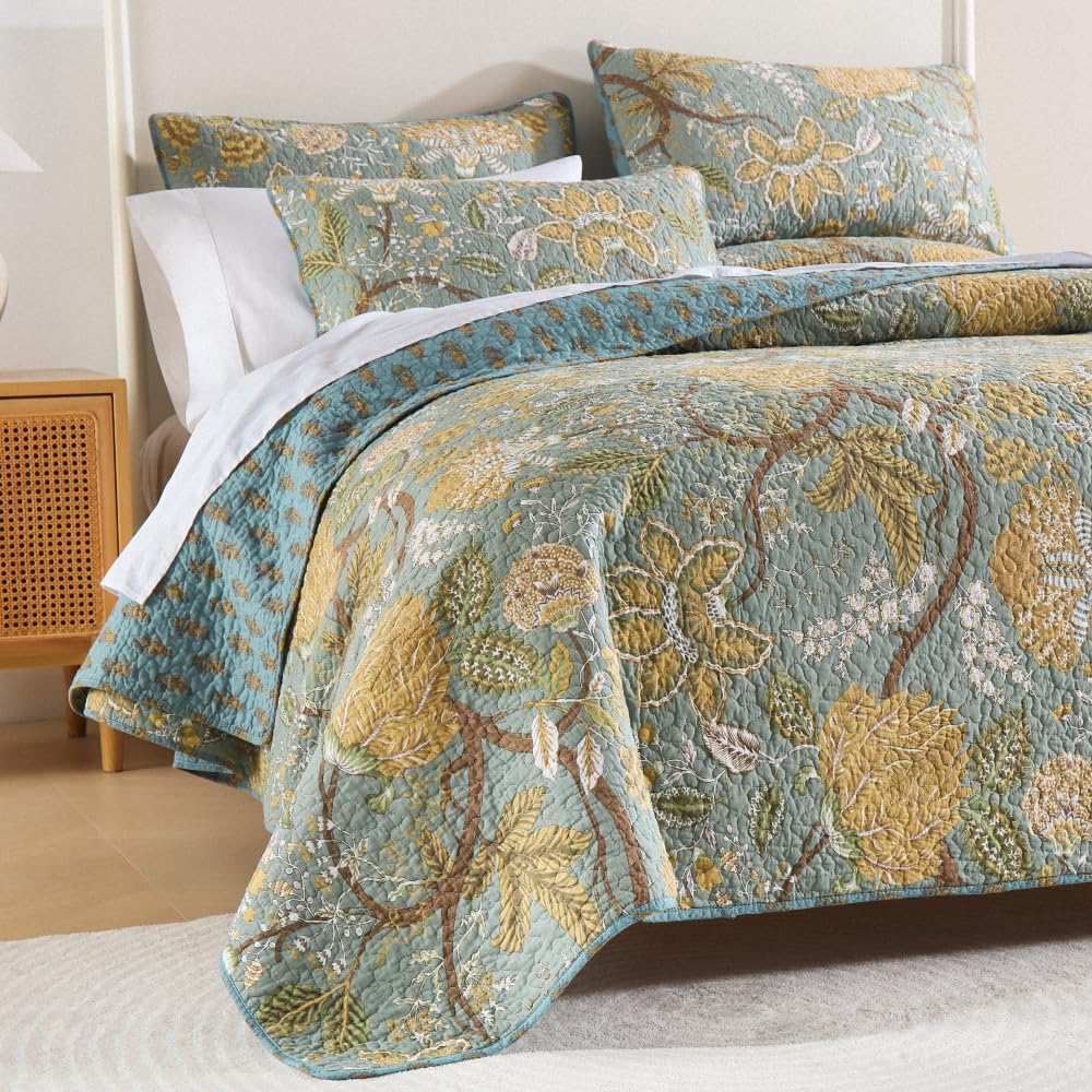 Cotton Bedspread Bedding Coverlet Quilt Sets, Reversible Vintage Branch Floral Bedspread comforters, (Rustic Sage Green Floral Pattern, King Size) - Image 6