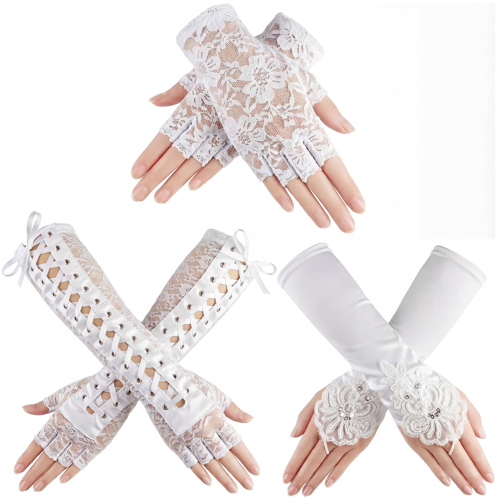 SATINIOR 3 Pairs Women Gothic Glove Halloween Lace Fingerless Glove
