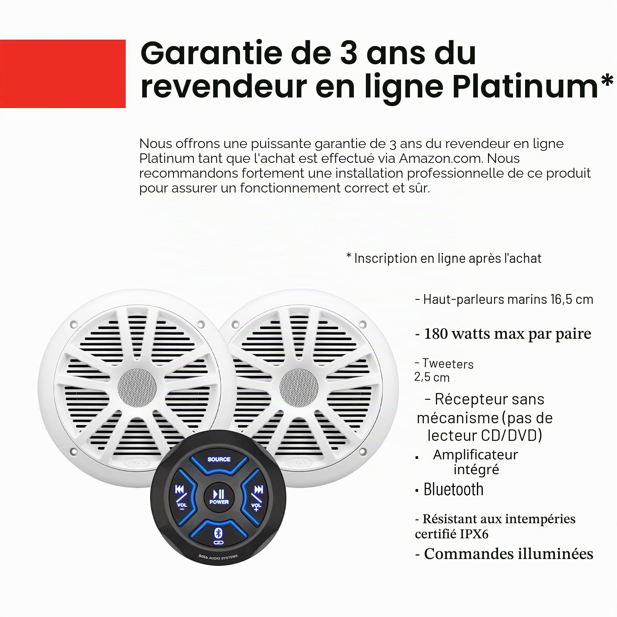 BOSS Audio Systems MG150W.6 Haut-parleurs marins et récepteur Bluetooth (amplificateur 2 CH intégré) - IPX6 résistant aux intempéries, entrée USB, entrée auxiliaire
