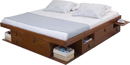 memomad Bali - Cama de plataforma de almacenamiento con cajones (tamaño King, madera marrón caramelo) Caramelo,Roble,Blanco