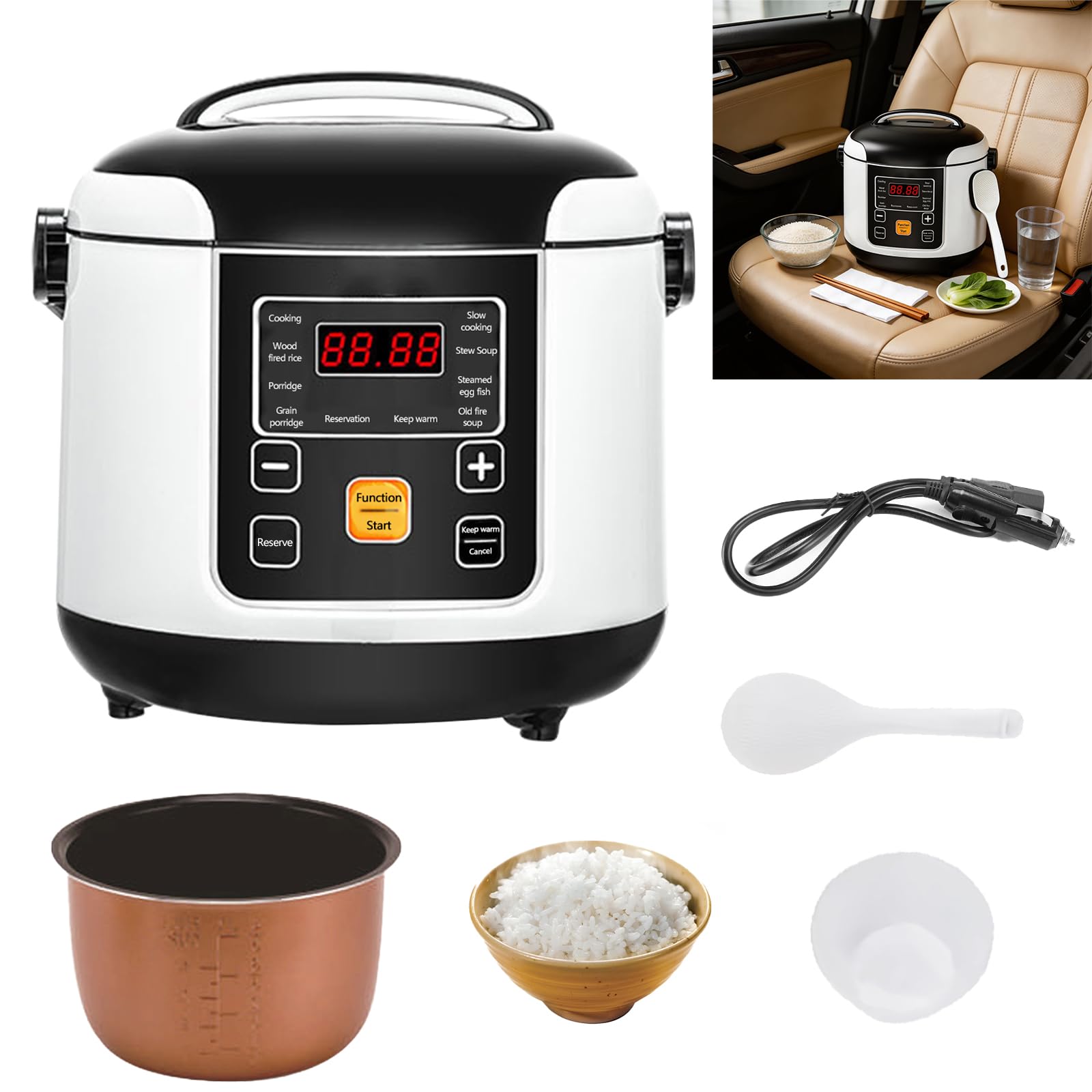 Olla Arrocera Para Coche, 12V/24V 200W Olla Arrocera PortáTil PequeñA Para Cocinar Arroz Sopa Y Gachas Reserva De 24 Horas Mantener Caliente Capacidad De 2L