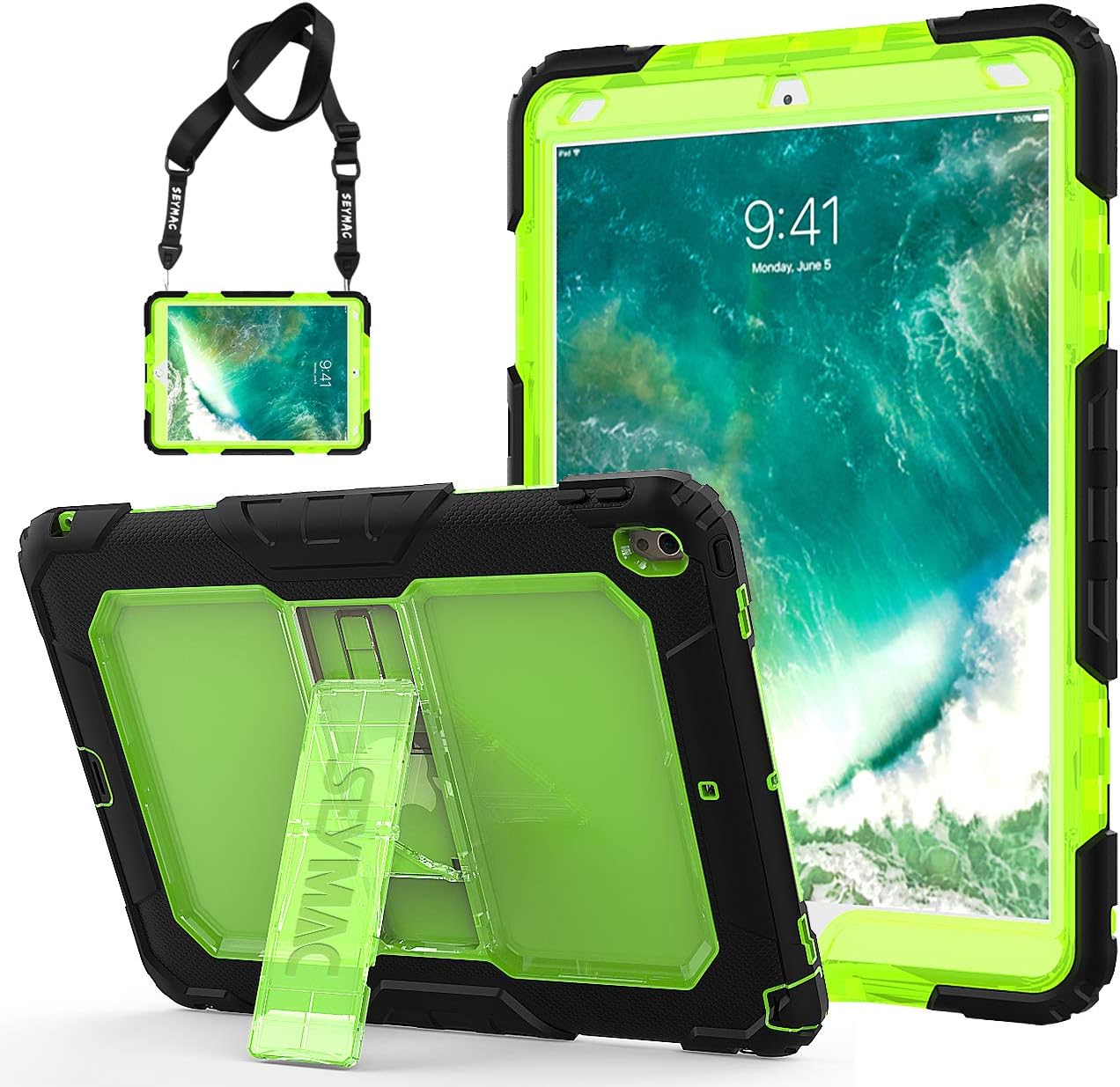 iPad Pro 10.5 Strap Case, SEYMAC 3 Layer Rugged Full Body Shock Drop Proof Silicone Hard Bumper Case with Stand for iPad Pro 10.5（A1709, A1701) Kids, Schools, Workers (Green/Black)
