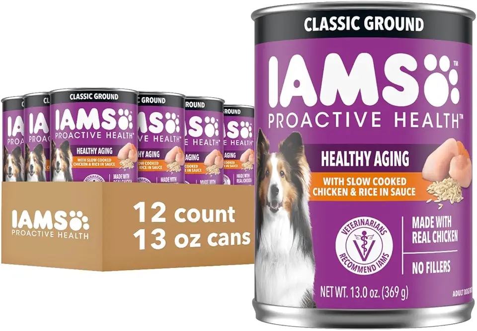 IAMS Proactive Health Healthy Aging Wet Dog Food Classic Ground with Slow Cooked Chicken and Rice, 13 oz. Cans (12 Count, Pack of 1)