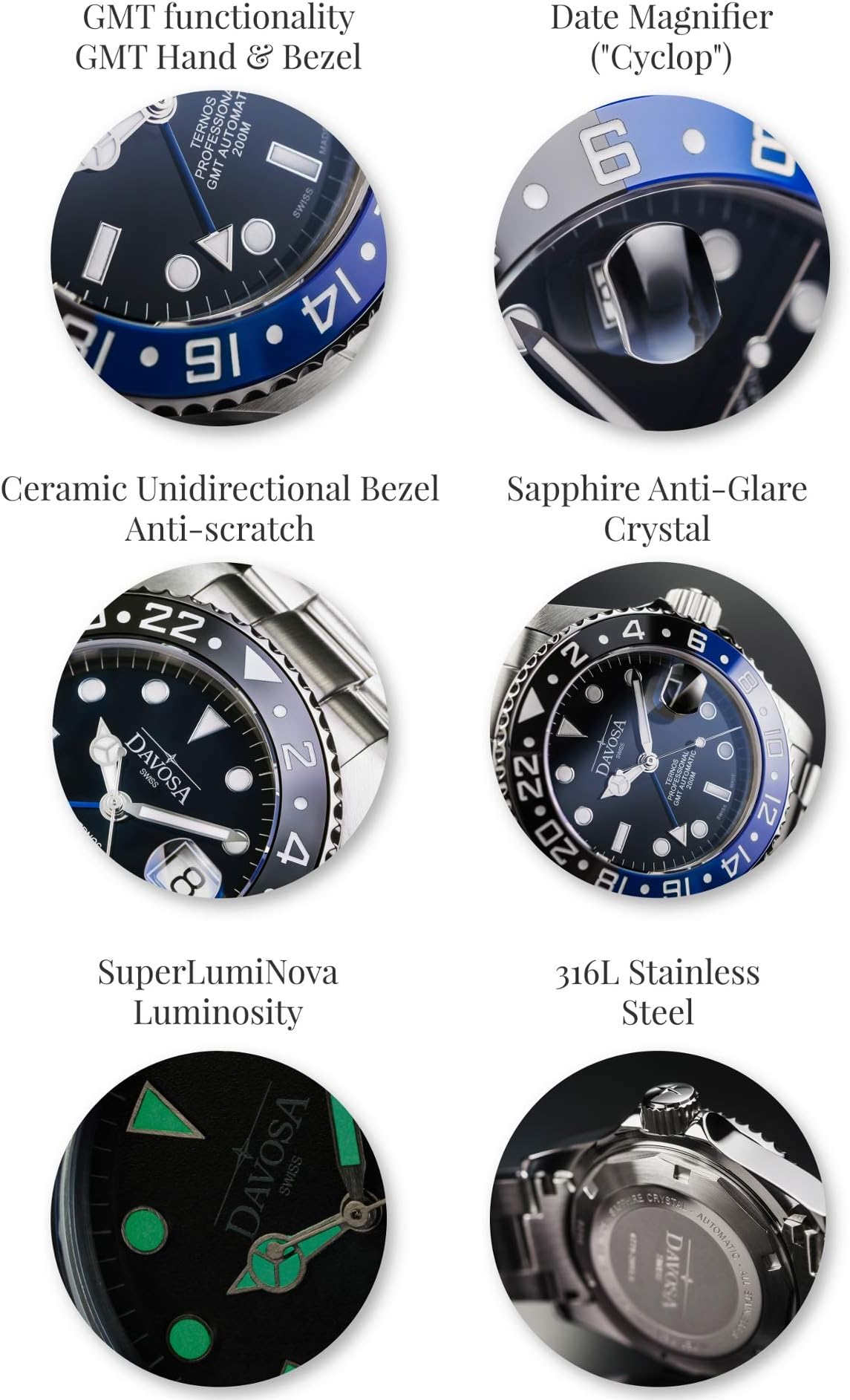 Davosa Swiss Made Professional Men Watch, Ternos Automatic Illuminated Analog Display with GMT Dual Time, Stylish Wrist Band & Ceramic Bezel