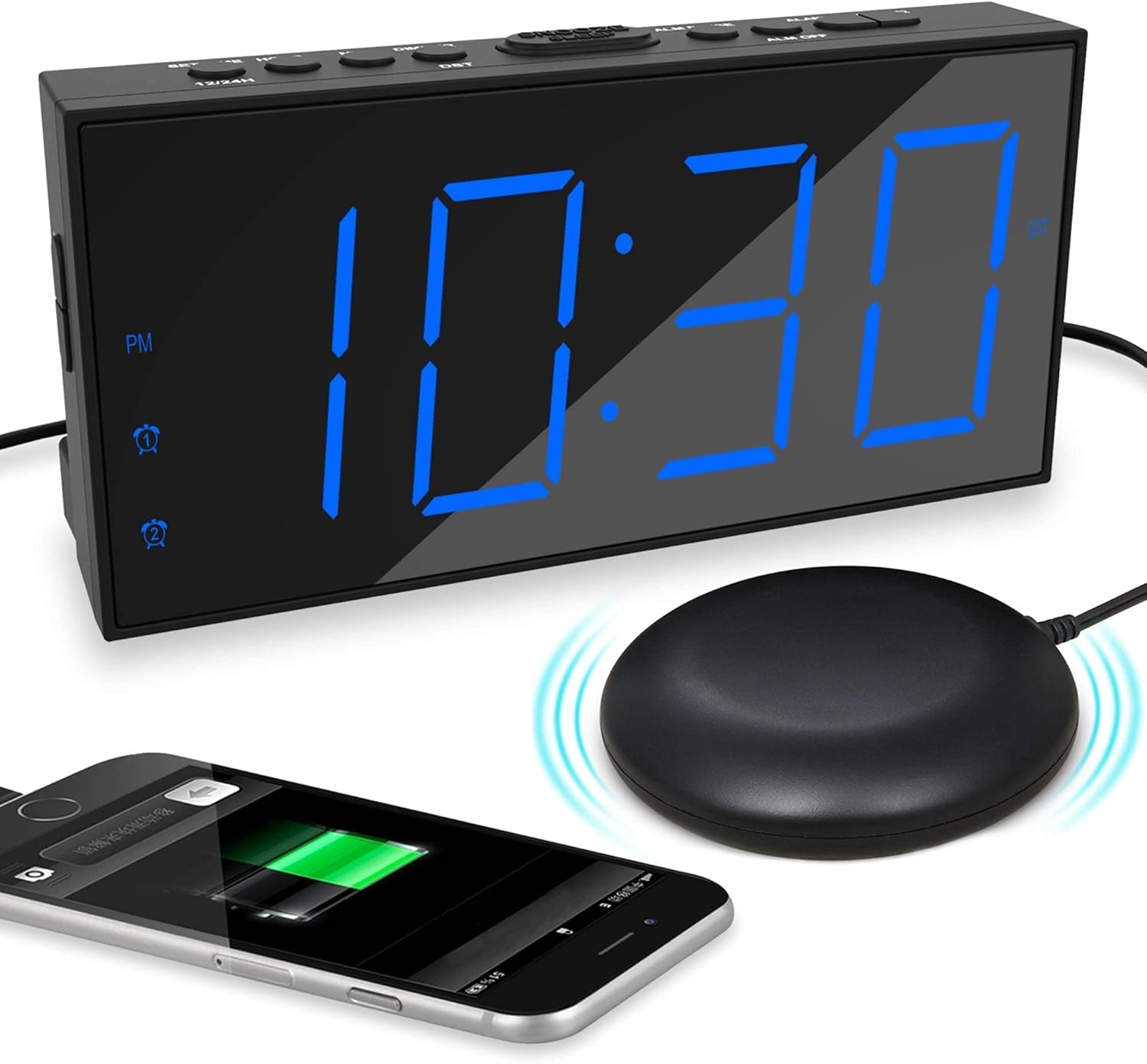 Mesqool Vibrating Alarm Clock with blue LED display, connected bed shaker, and a smartphone charging via its USB port.
