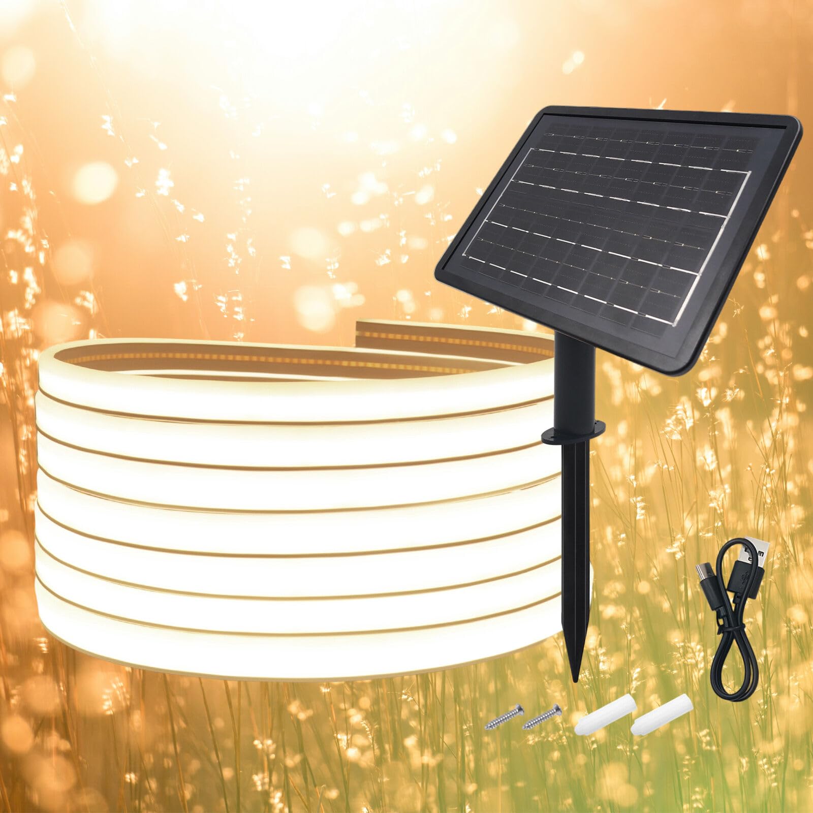 KISUFU Luces Exterior Solar 24V, Luminoso en ambos lados COB 320 Leds/m Neon Tira de Luz LED 8 Modos de Luz Luces Solares con 7200mah Panel Solar Para Jardines, Patio, Dormitorio, Decoración Party.
