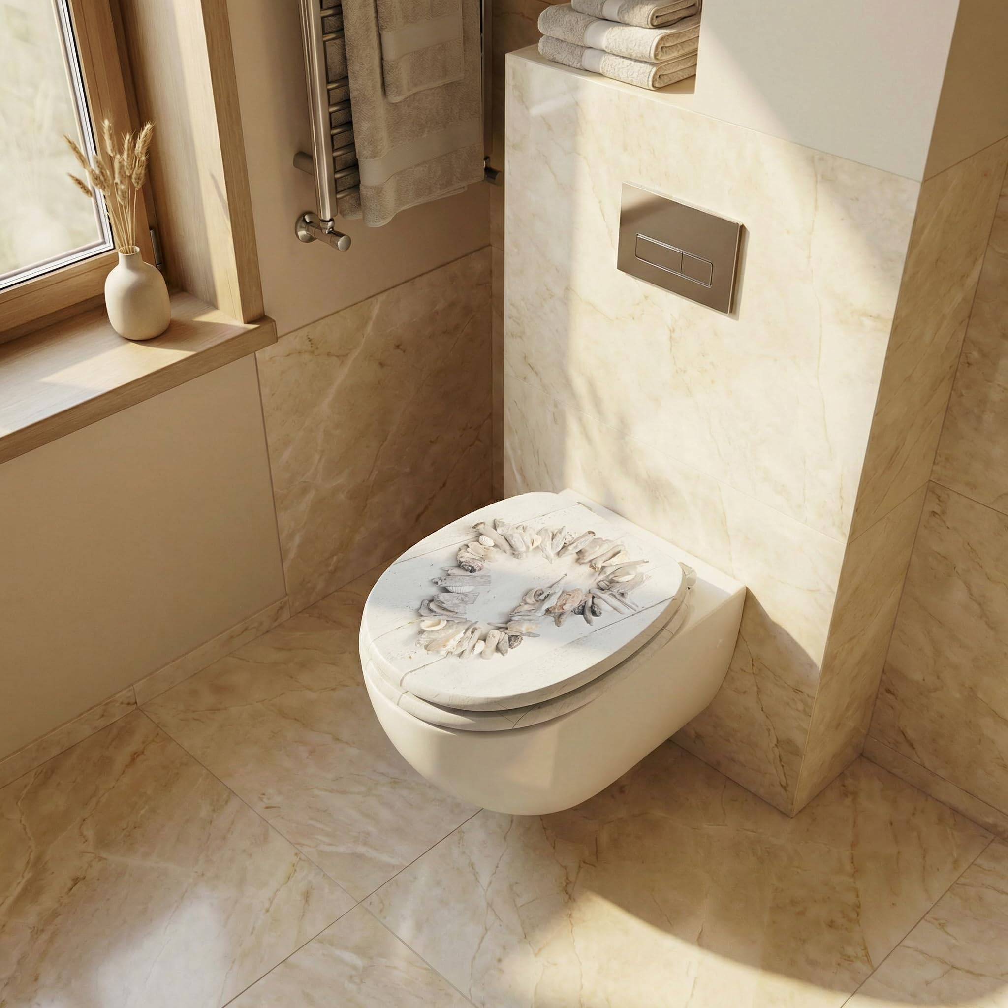 Sinobath Toilet Seat with Soft-Close Mechanism, High-Quality Made of MDF Wood Decorative Design (Granite