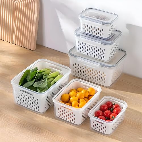 Miniatura 2 de Paquete de 3 recipientes de almacenamiento de frutas para refrigerador con colador extraíble, recipientes herméticos de almacenamiento de alimentos