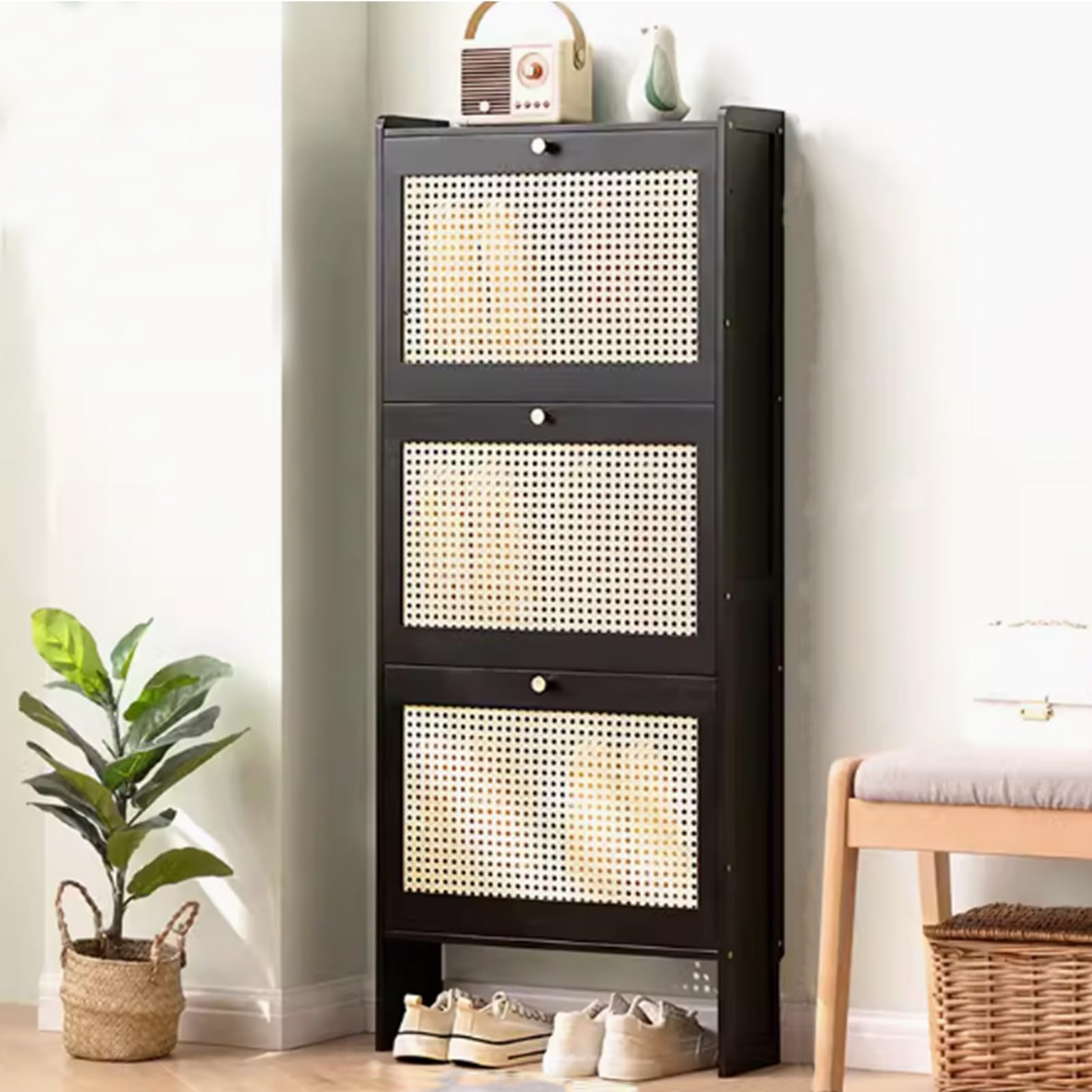 Meuble à chaussures noir fin pour entrée | Rangement gain de place ultra-mince