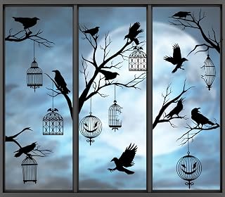 AnyDesign Halloween Window Clings Decals 9 Sheets Black Crow Cage Window Sticker Double-Side Removable Halloween Window Decal for Gothic Halloween Party School Home Office Glass Decor, 7.9 x 11.8 Inch