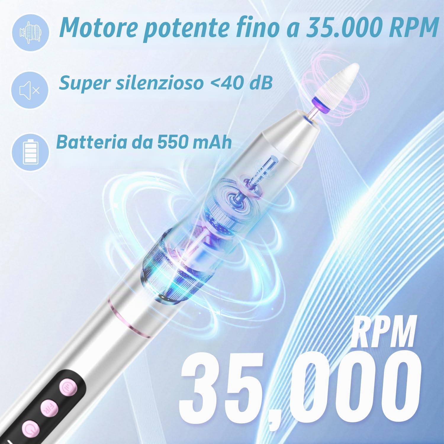 Fresa per unghie con supporto, 13 in 1, fresa in gel 35000 giri/min, lima elettrica professionale, per unghie semi-permanente e acriliche DN-2602S